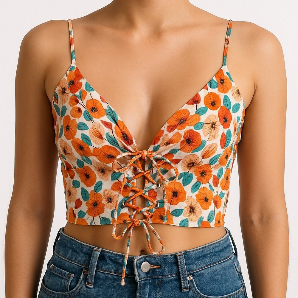 Nasty Gal Floral Lace-Up Crop Top Size 6 Satin Metallic Tie Front Festival